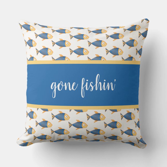 Blue fish, gone fishin', cute for beach house cushion (Front)