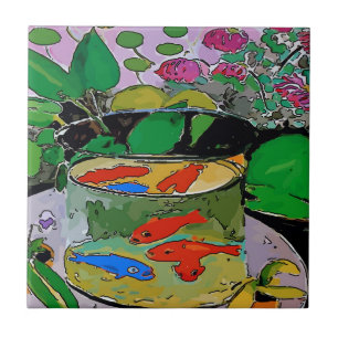 Blue Fish in Bowl Ceramic Tile