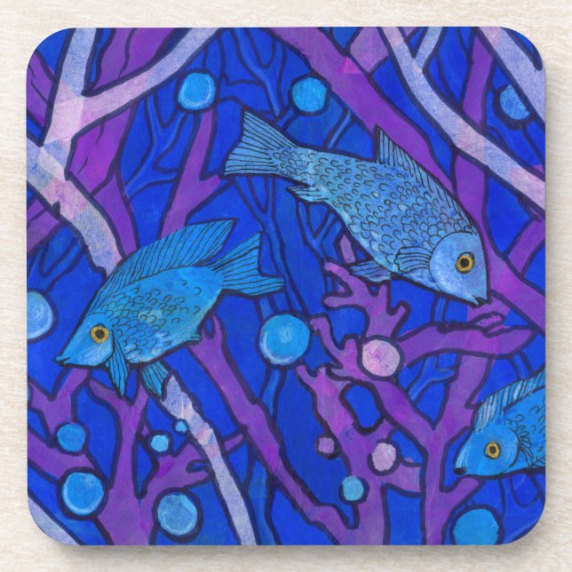 Blue Fish in Seaweed, Underwater Art Paper Collage Coaster (Front)
