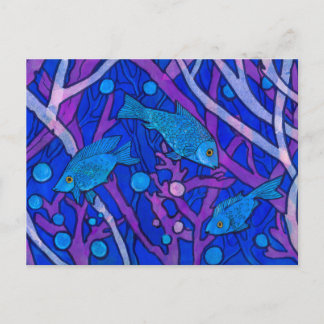 Blue Fish in Seaweed, Underwater Art Paper Collage Postcard