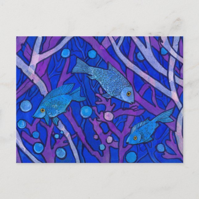 Blue Fish in Seaweed, Underwater Art Paper Collage Postcard (Front)