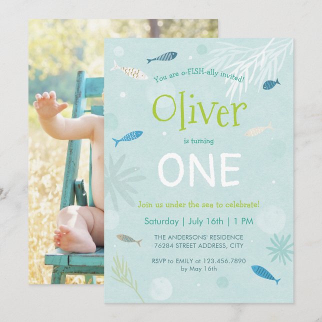 Blue Fish Kids Birthday Party Card (Front/Back)