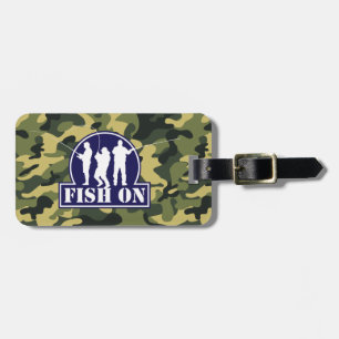 Blue "Fish On" fishing logo on green camouflage, Luggage Tag