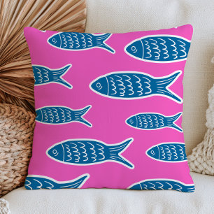 Blue Fish on Hot Pink Dopamine Aesthetic Ocean  Cushion