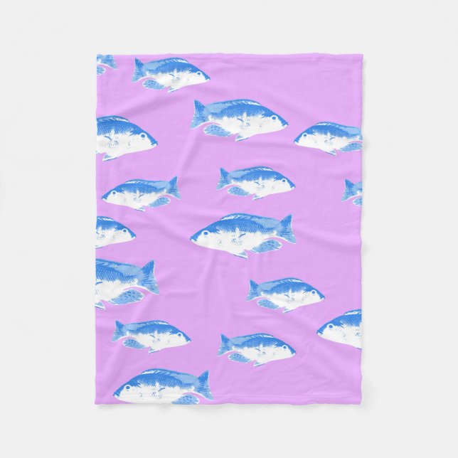 Blue fish on lilac fleece blanket (Front)