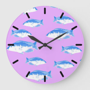 Blue fish on lilac large clock