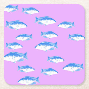 Blue fish on lilac square paper coaster