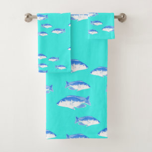 Blue fish on turquoise bath towel set