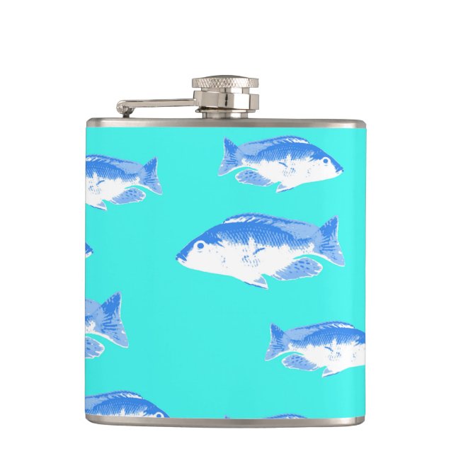 Blue fish on turquoise hip flask (Front)