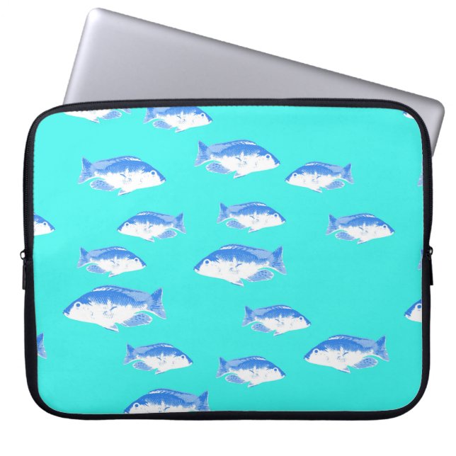 Blue fish on turquoise laptop sleeve (Front)