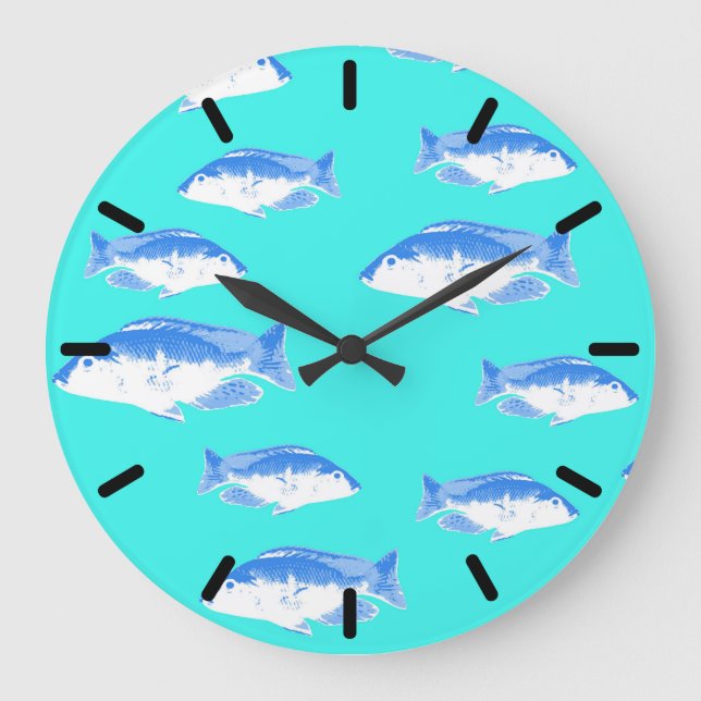 Blue fish on turquoise large clock (Front)