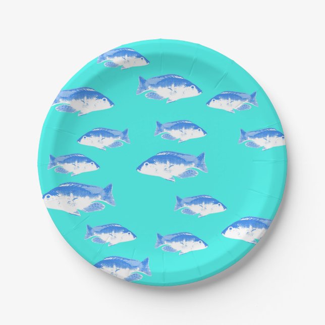Blue fish on turquoise paper plate (Front)