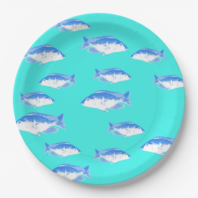 Blue fish on turquoise paper plate (Front)