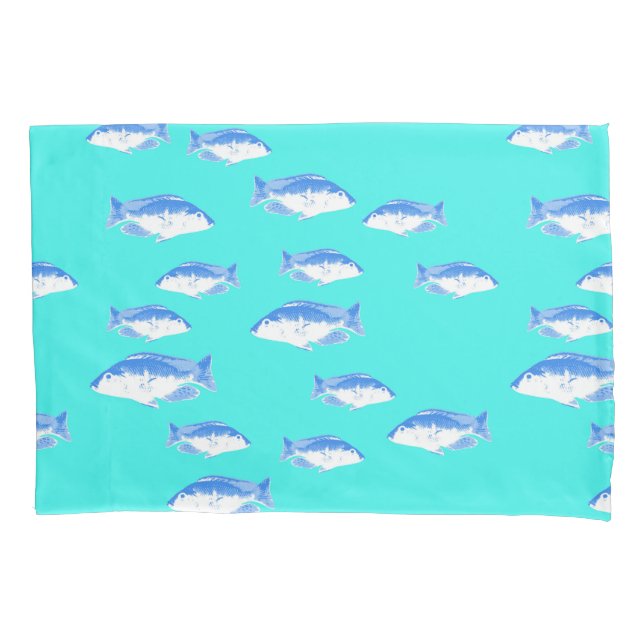 Blue fish on turquoise pillowcase (Front)