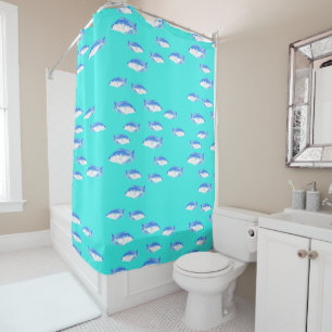 Blue fish on turquoise shower curtain