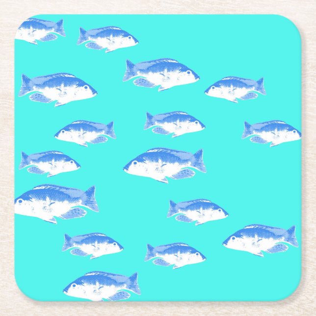 Blue fish on turquoise square paper coaster (Front)
