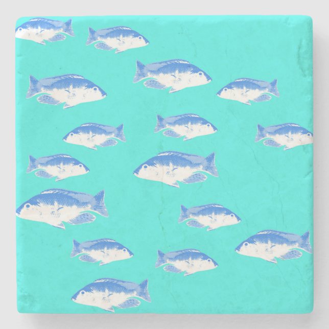 Blue fish on turquoise stone coaster (Front)