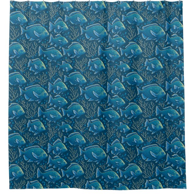 Blue Fish Pattern Shower Curtain (Front)