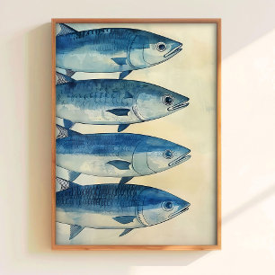 Blue Fish Print Sardines Art Print Kitchen Wall Ar