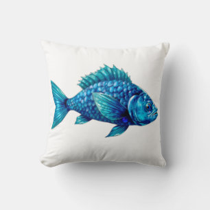 Blue Fish with Spiky Fins and Scales Cushion