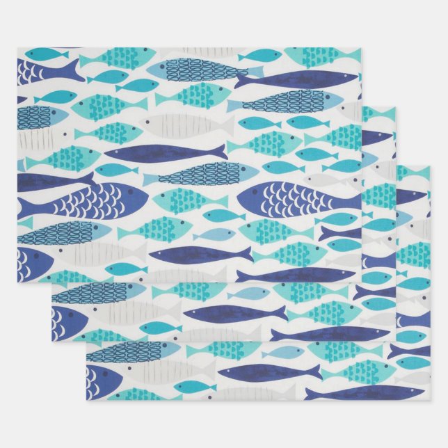 Blue Fish Wrapping Paper Sheet (Set)