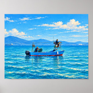 Blue Fishing Boat at Sea Painterly Coastal Art Poster