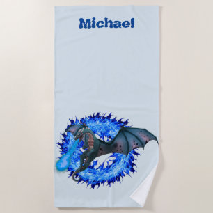 Blue Flame Fire Breathing Dragon Personalised Name Beach Towel