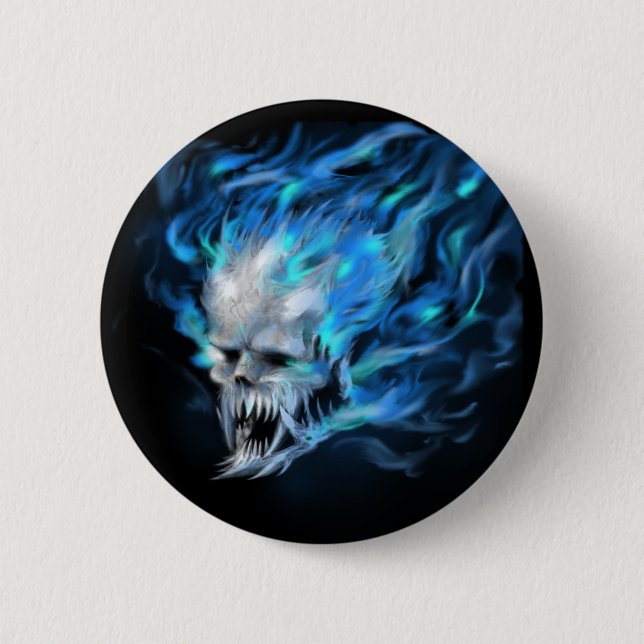 Blue flame skull 6 cm round badge (Front)