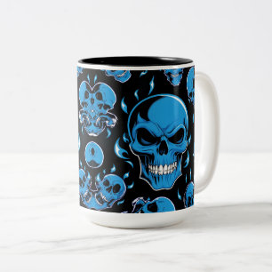 Blue flame skull for halloween Two-Tone coffee mug