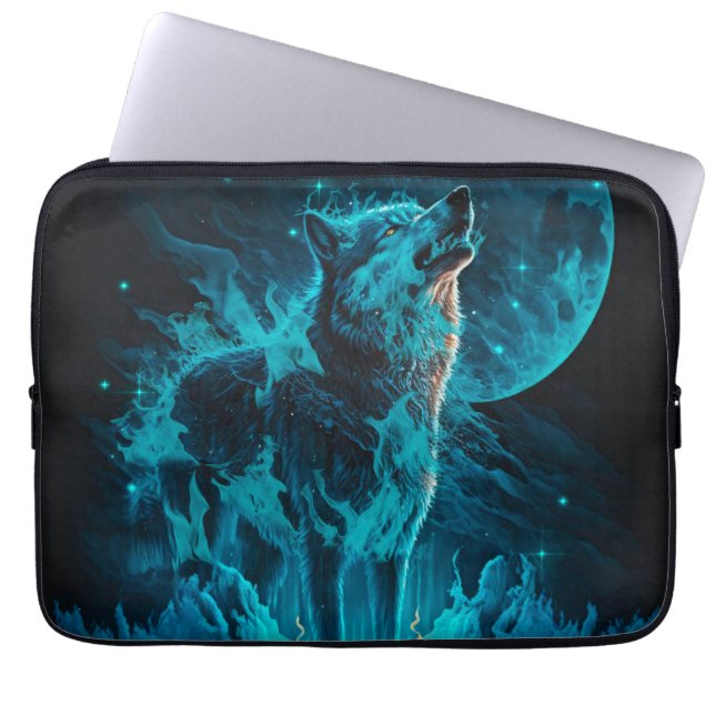 Blue Flame Wolf Laptop Sleeve (Front)
