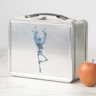 Blue Flames Ballerina Dancing Skeleton Design Metal Lunch Box