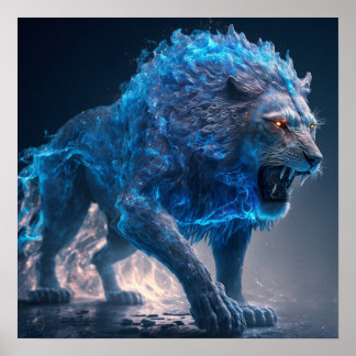 Blue Flames Fire Lion Poster
