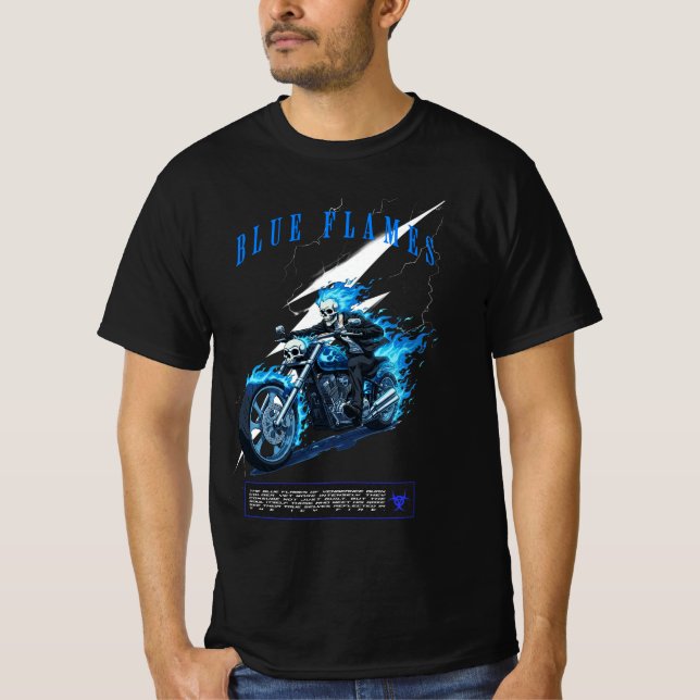 Blue Flames Motorcycle Design | Skull Rider T-Shirt (Front)