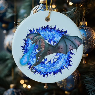 Blue Flaming Fantasy Dragon Ceramic Ornament