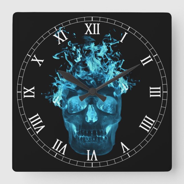 Blue Flaming Skull Square Roman Numerals Clock (Front)