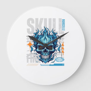 Blue Flaming Skull Streetwear Design Cyberpunk G Large Clock