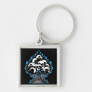 Blue Flaming Spade with Skulls Key Ring