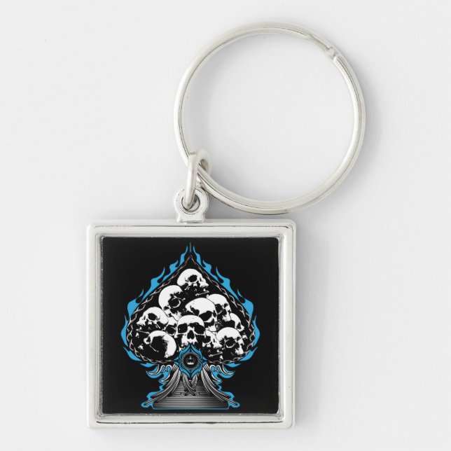 Blue Flaming Spade with Skulls Key Ring (Front)