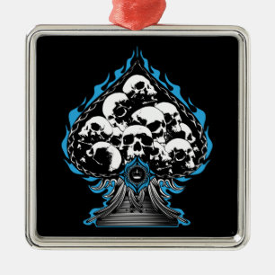 Blue Flaming Spade with Skulls Metal Tree Decoration