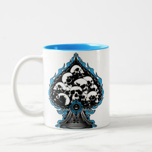 Blue Flaming Spade with Skulls Two-Tone Coffee Mug