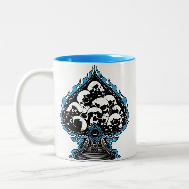 Blue Flaming Spade with Skulls Two-Tone Coffee Mug (Left)