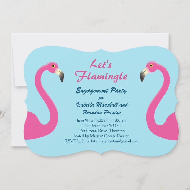 Blue Flamingo Beach Engagement Party Invitation (Front)