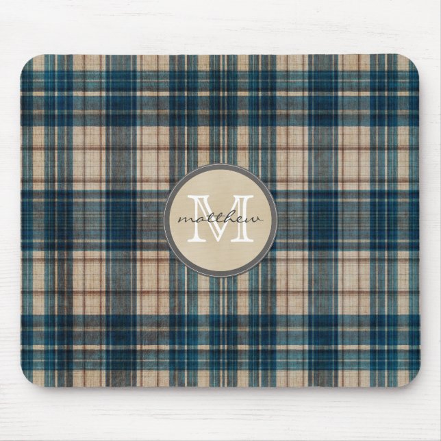 Blue Flannel Background Monogram Mouse Pad (Front)