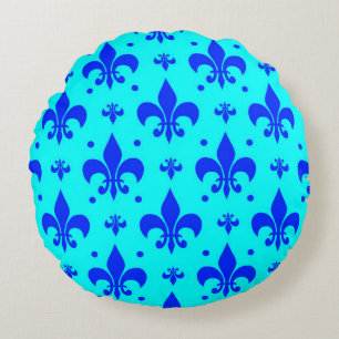 Blue Fleur-de-lis Pattern Design Round Cushion