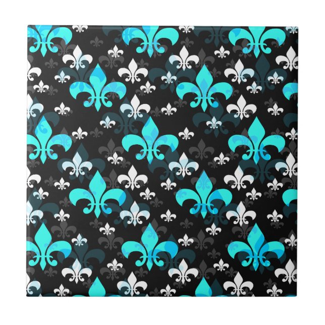 Blue Fleur De Lis Surface Pattern Design Ceramic Tile (Front)