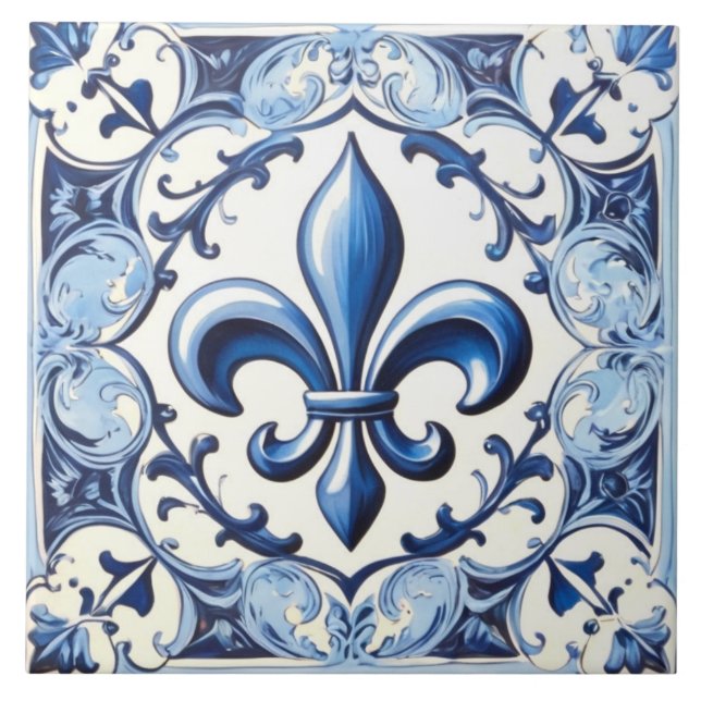 Blue Fleur de Lis Tile - Backsplash Ceramic Tile (Front)