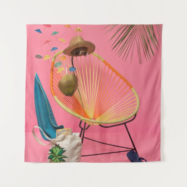 Blue flip-flop beside chair tapestry (Front)