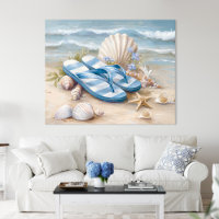 Blue Flip Flops Seashells Coastal Beach Summer Art