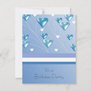 Blue Floating Hearts Birthday Party Invitation