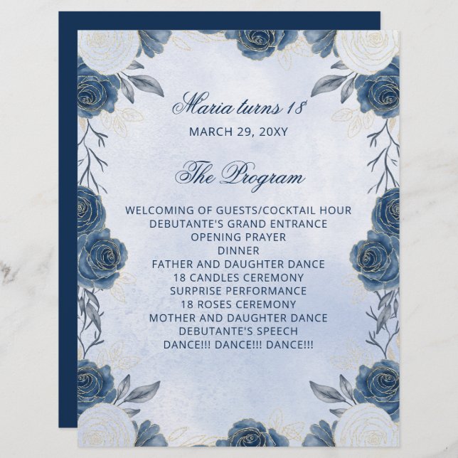 Blue Floral 18 Candles and Roses Ceremony Program (Front/Back)